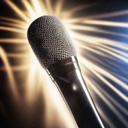 An intricately designed microphone illuminated by radiant, glowing rays emanating from the background, creating a powerful showcase of light and shadows.