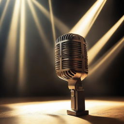 An intricately designed microphone illuminated by radiant, glowing rays emanating from the background, creating a powerful showcase of light and shadows.