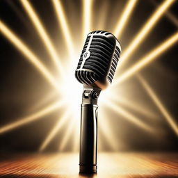 An intricately designed microphone illuminated by radiant, glowing rays emanating from the background, creating a powerful showcase of light and shadows.