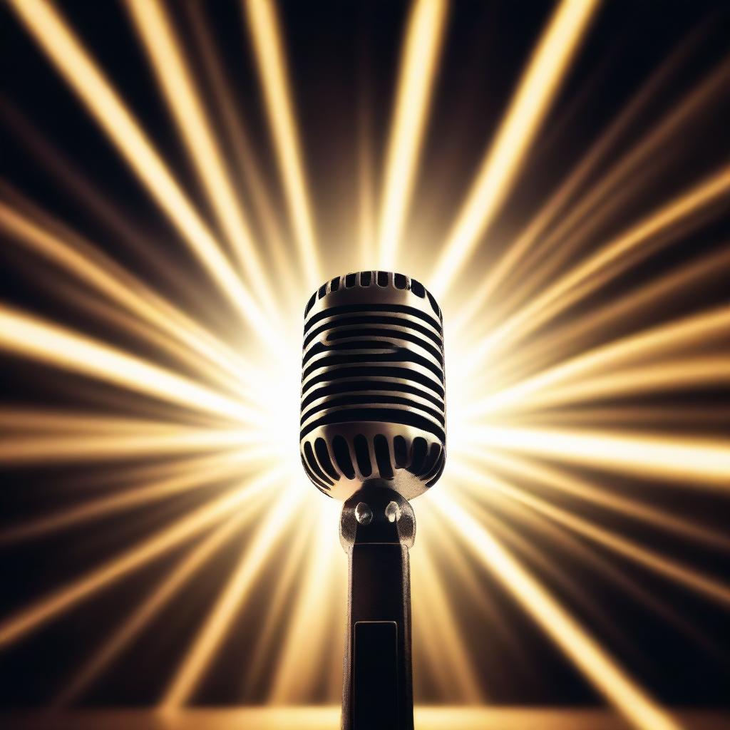 An intricately designed microphone illuminated by radiant, glowing rays emanating from the background, creating a powerful showcase of light and shadows.