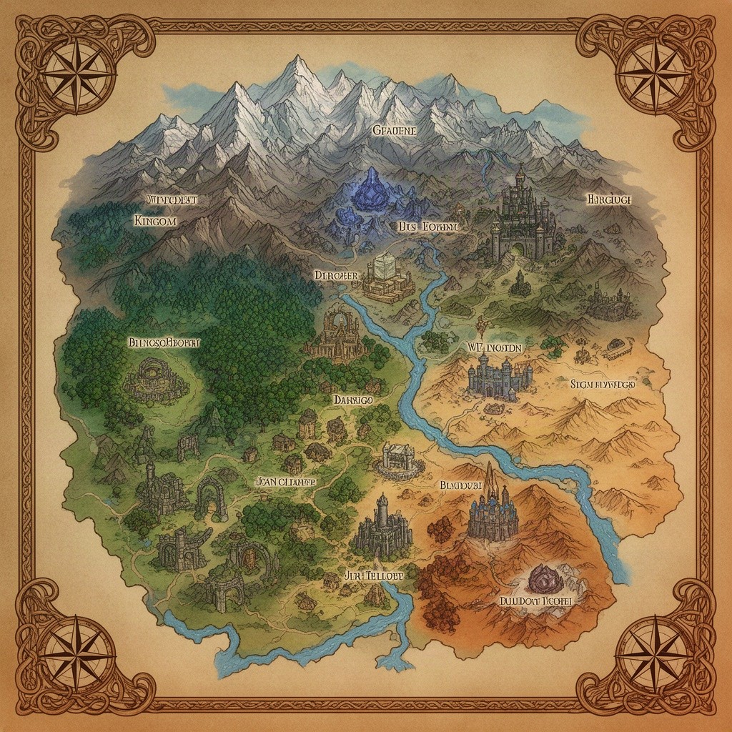 An intricately designed Dungeons & Dragons map, featuring a fantastical landscape filled with diverse terrains