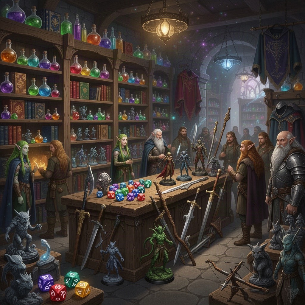 A vibrant and bustling fantasy store filled with an array of Dungeons & Dragons items, showcasing various magical and medieval-themed merchandise