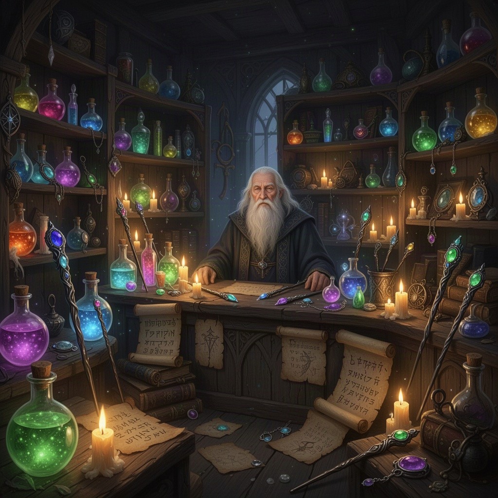 An enchanting magic item shop interior, filled with an array of mystical artifacts and curiosities