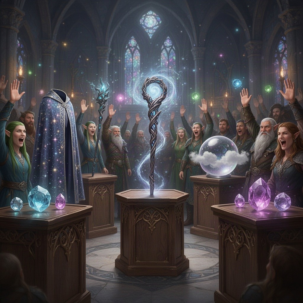 A vibrant and dynamic scene of a magic item auction taking place in a grand, mystical hall