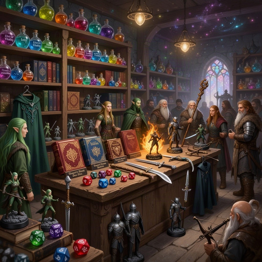 A vibrant and bustling fantasy store filled with an array of Dungeons & Dragons items, showcasing various magical and medieval-themed merchandise