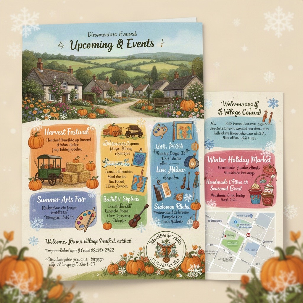 A charming and visually appealing village brochure showcasing upcoming events to attend