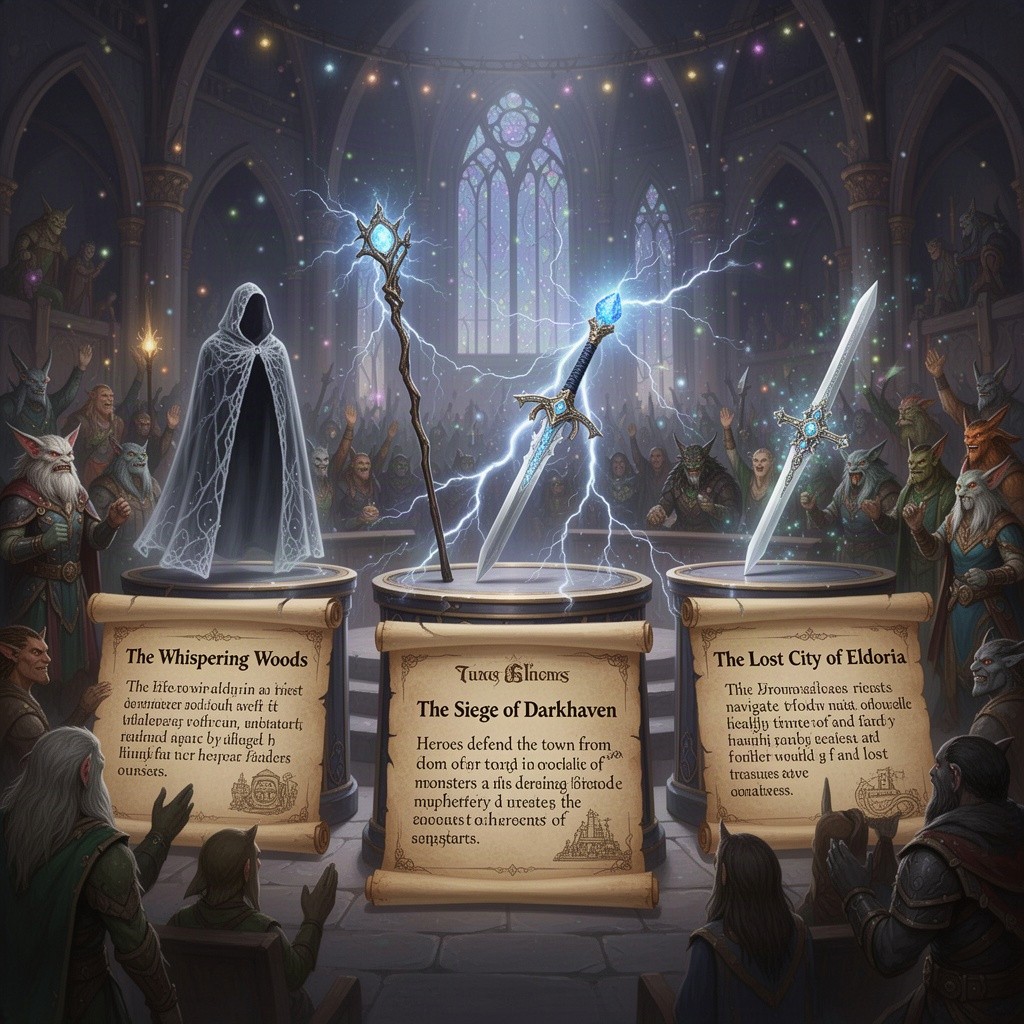 A magical item auction scene set in an enchanting hall, showcasing a variety of epic Dungeons & Dragons quests alongside auction pieces