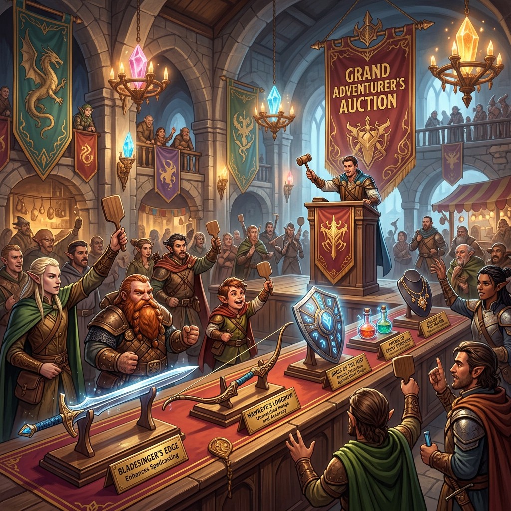 An exciting Dungeons & Dragons auction event set in a grand hall filled with adventurers and treasure seekers