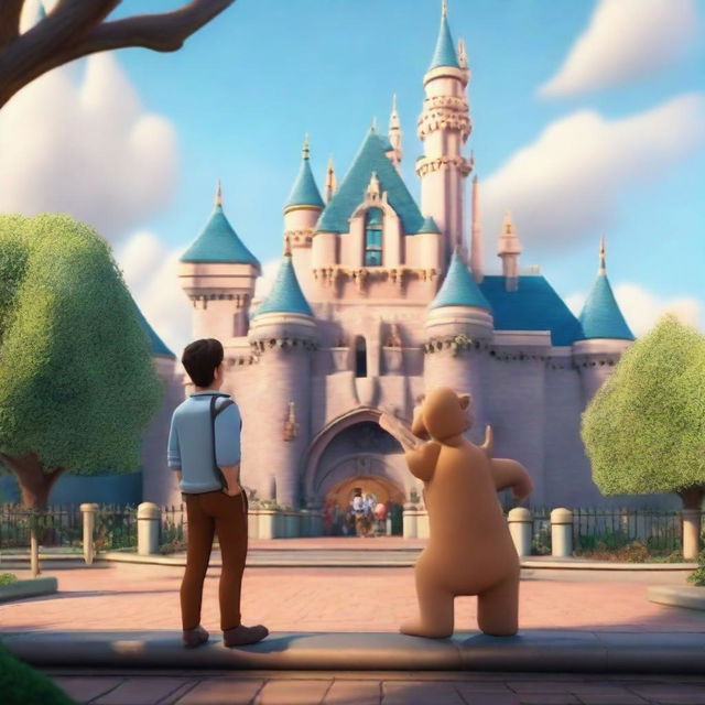 A touching animated scene of a man anxiously checking his watch as he waits for his girlfriend in front of the awe-inspiring Disneyland castle.