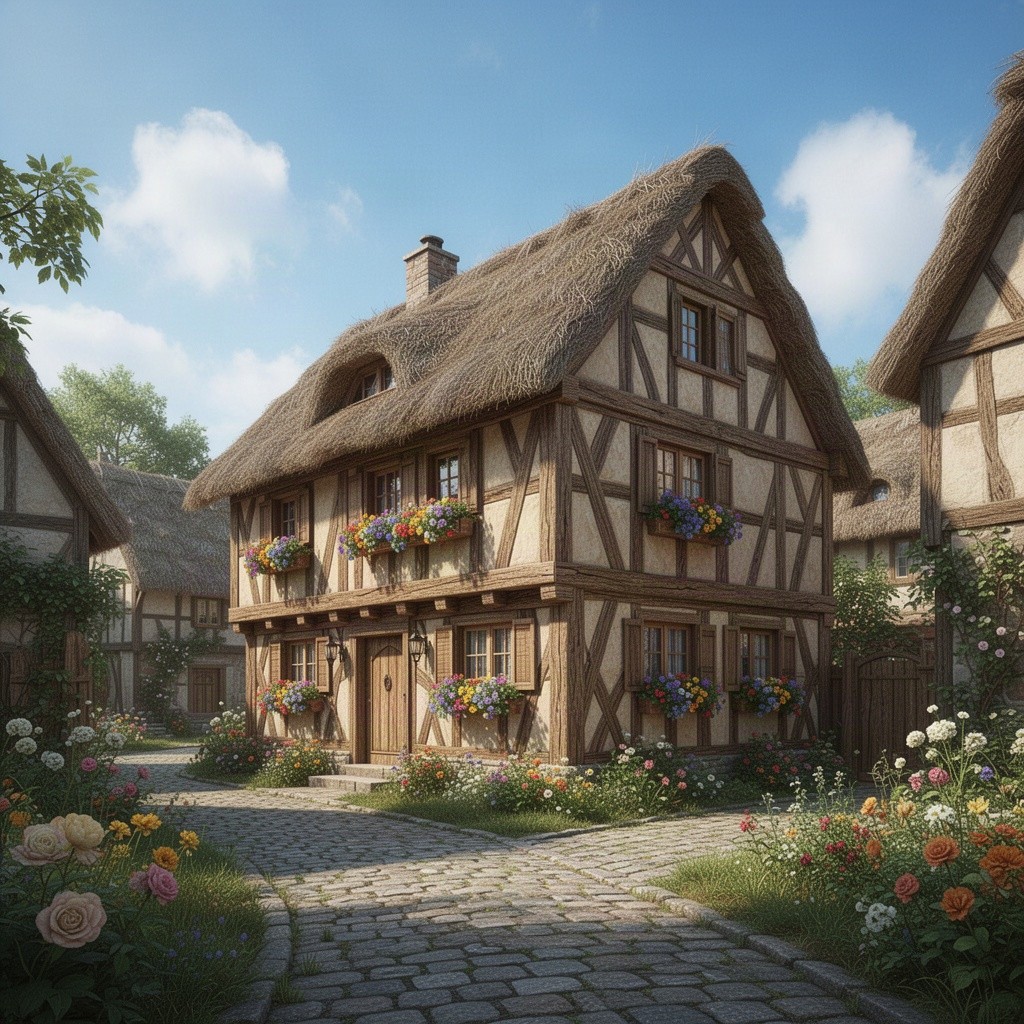 An architectural design featuring a traditional half-timbered (fahverk) house, showcasing intricate wooden beams and panels in a picturesque village setting