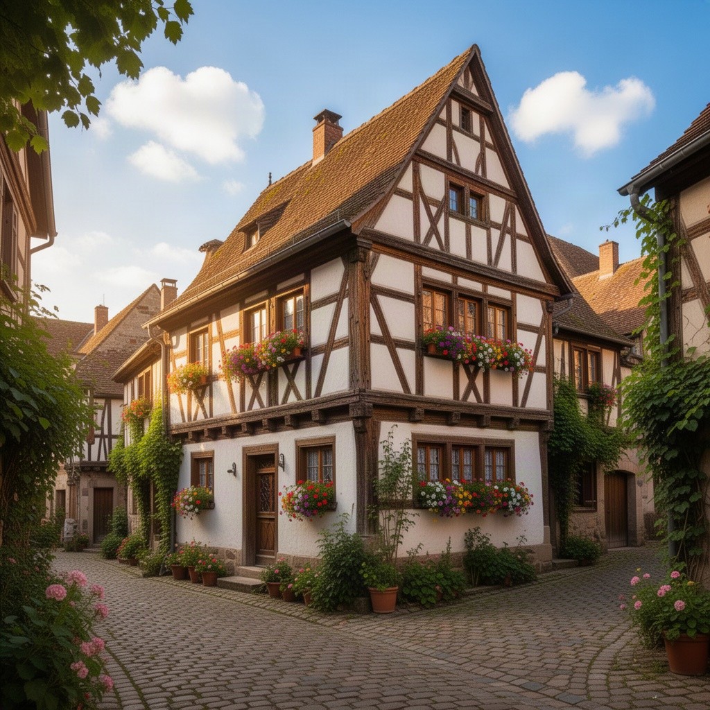 A beautiful medieval half-timbered house (фахверк) with intricate wooden beams, white stucco walls, and colorful flower boxes on the windows