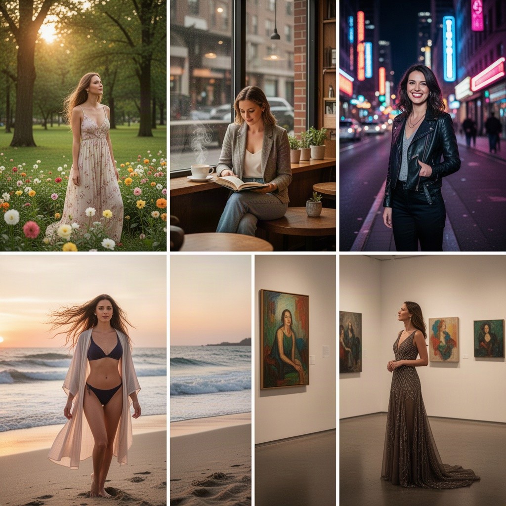 A beautiful woman posing in different locations