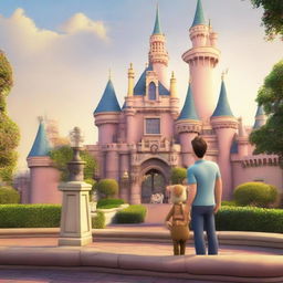 A touching animated scene of a man anxiously checking his watch as he waits for his girlfriend in front of the awe-inspiring Disneyland castle.