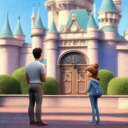 A touching animated scene of a man anxiously checking his watch as he waits for his girlfriend in front of the awe-inspiring Disneyland castle.