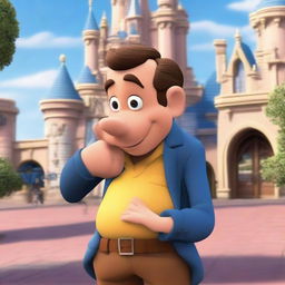 A touching animated scene of a man anxiously checking his watch as he waits for his girlfriend in front of the awe-inspiring Disneyland castle.