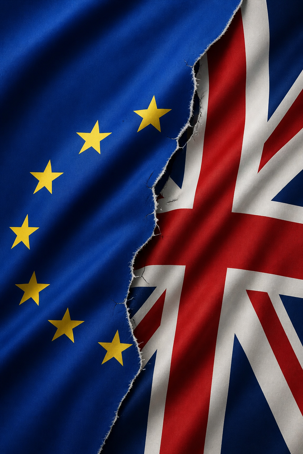 can you redesign the second image into a cover design more like the first one, and leaving out any title or subtitle. In other words, using the UK and EU flags, or more directly showing the rift between the EU and UK