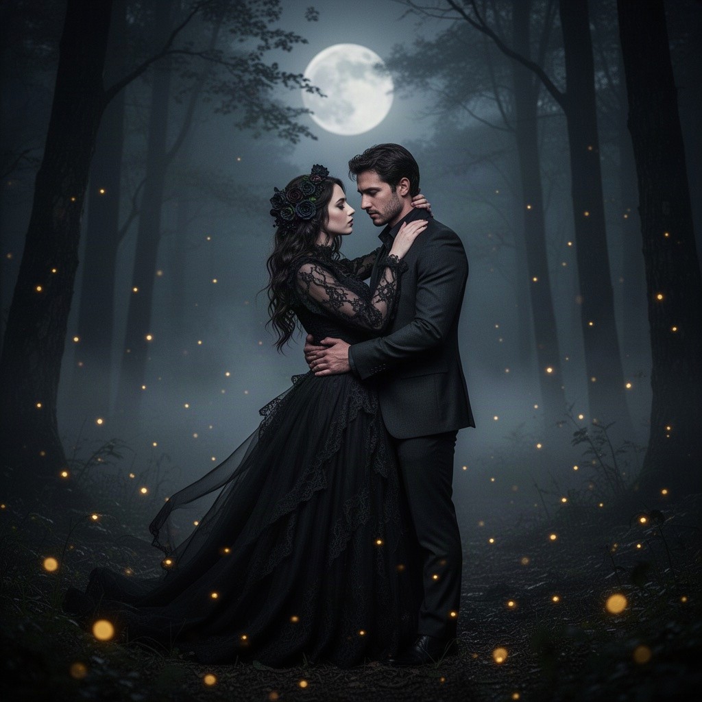 A captivating dark romantic scene set in a moonlit forest, with a couple entangled in an embrace, surrounded by mist and shadowy trees