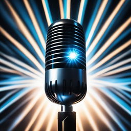 A finely-crafted microphone front and center, with a surge of glowing blue rays emanating from the background, creating a mesmerizing oceanic illumination.