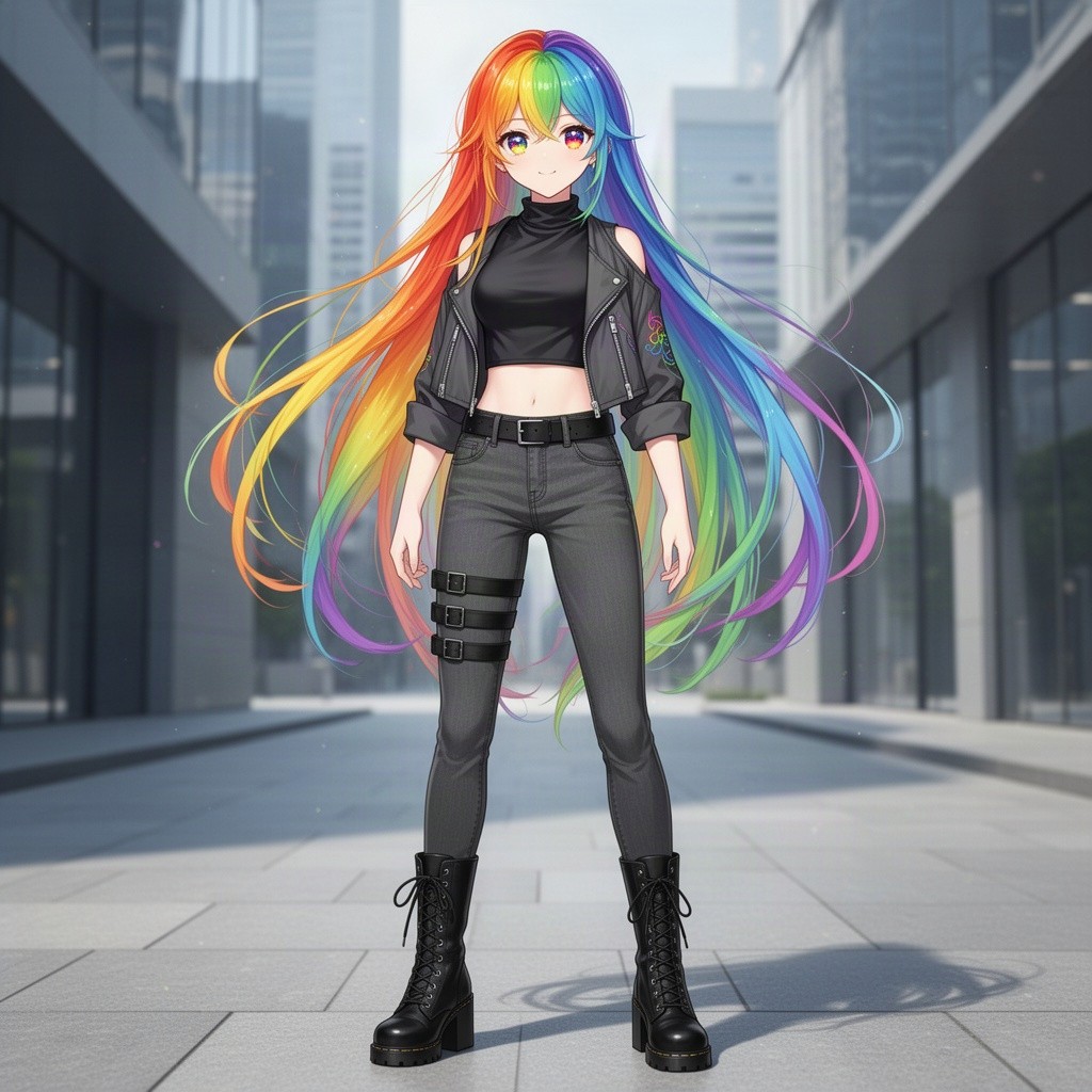 A beautiful young 17-year-old anime girl with long, stunning rainbow hair that flows gracefully, paired with equally mesmerizing rainbow eyes that radiate vibrancy
