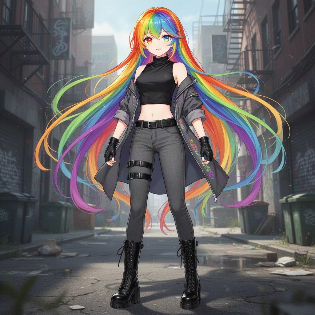 A beautiful young 17-year-old anime girl with long, stunning rainbow hair that flows vibrantly around her, with mesmerizing rainbow eyes that perfectly match her hair