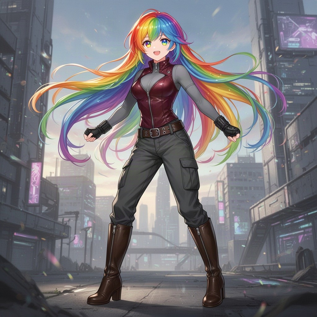 A beautiful young 17-year-old anime girl with long, stunning rainbow hair that flows effortlessly, matching her mesmerizing rainbow eyes that shimmer with every color