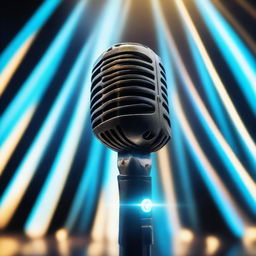 A finely-crafted microphone front and center, with a surge of glowing blue rays emanating from the background, creating a mesmerizing oceanic illumination.