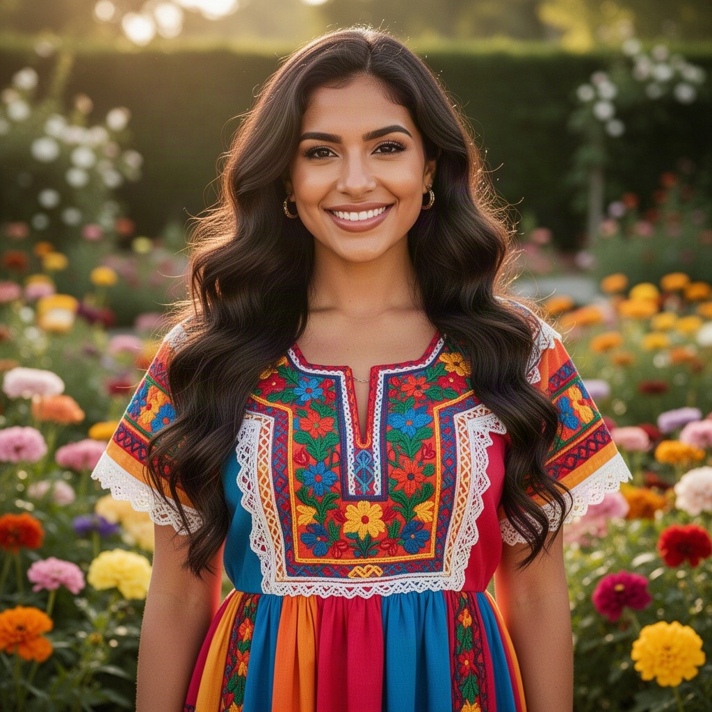 A stunning 5 feet 4 inch Latina woman with long, wavy dark hair cascading over her shoulders, wearing a vibrant traditional dress with intricate embroidery