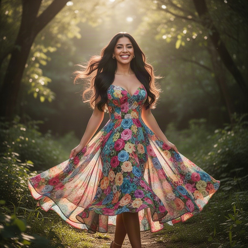 A beautiful Latina woman wearing an elegant, flowing dress that accentuates her figure