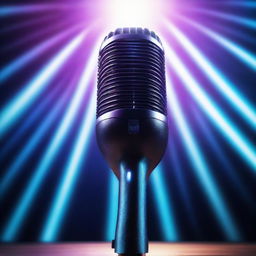 A finely-crafted microphone front and center, with a surge of glowing blue rays emanating from the background, creating a mesmerizing oceanic illumination.