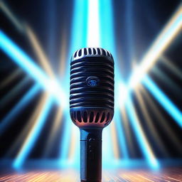 A finely-crafted microphone front and center, with a surge of glowing blue rays emanating from the background, creating a mesmerizing oceanic illumination.