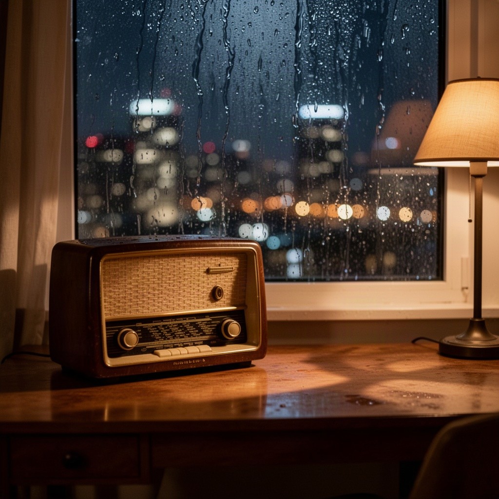A cozy indoor scene at night, featuring a vintage old radio resting on a wooden desk