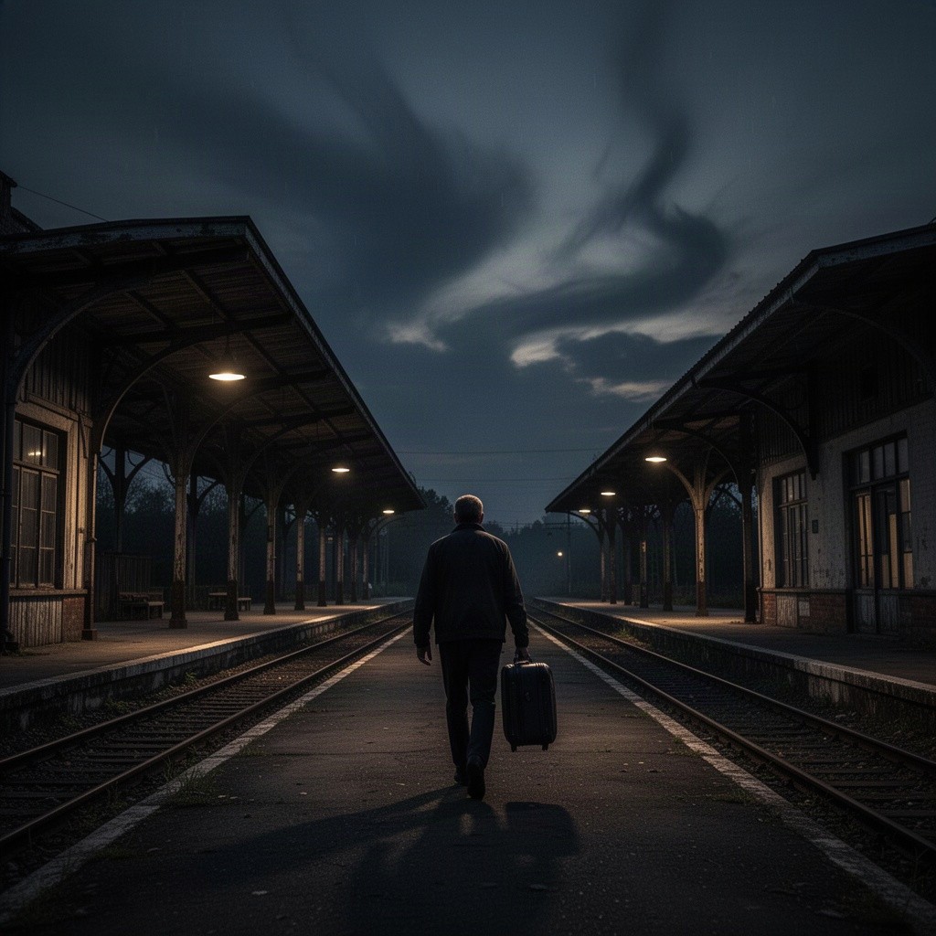 A deserted train station set against a dramatic dark sky, evoking a sense of solitude and mystery