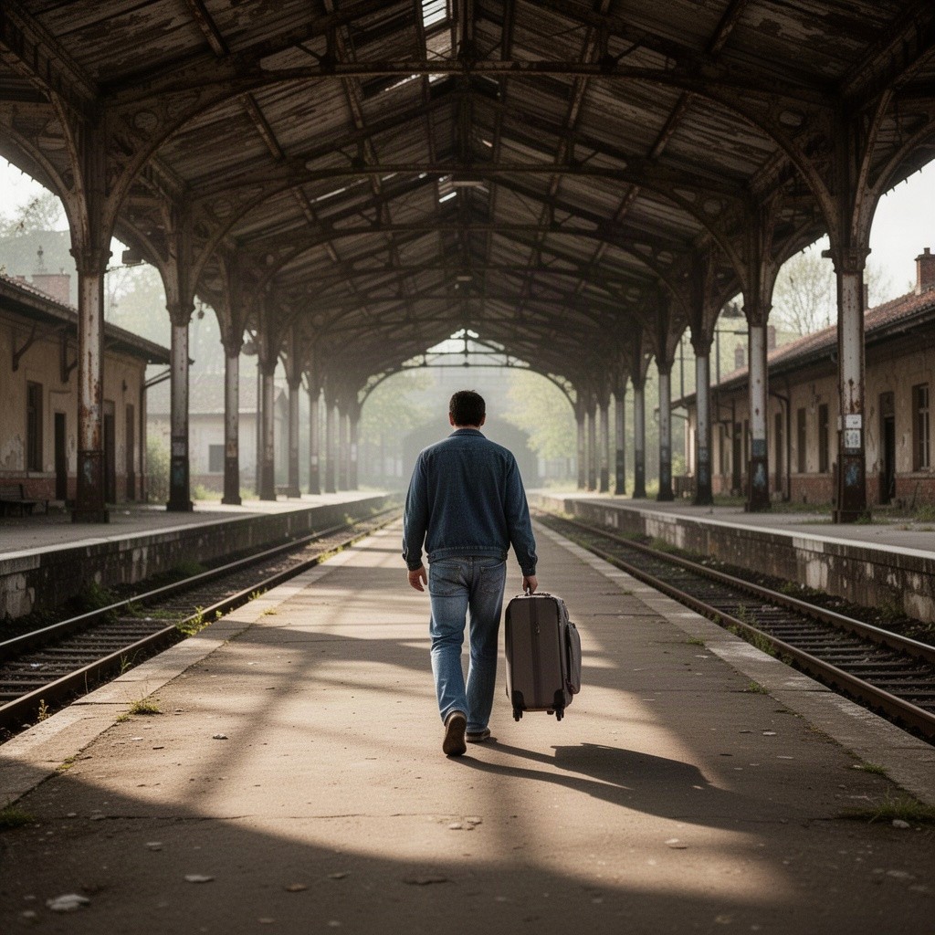 A deserted train station scene, evoking a sense of abandonment and stillness