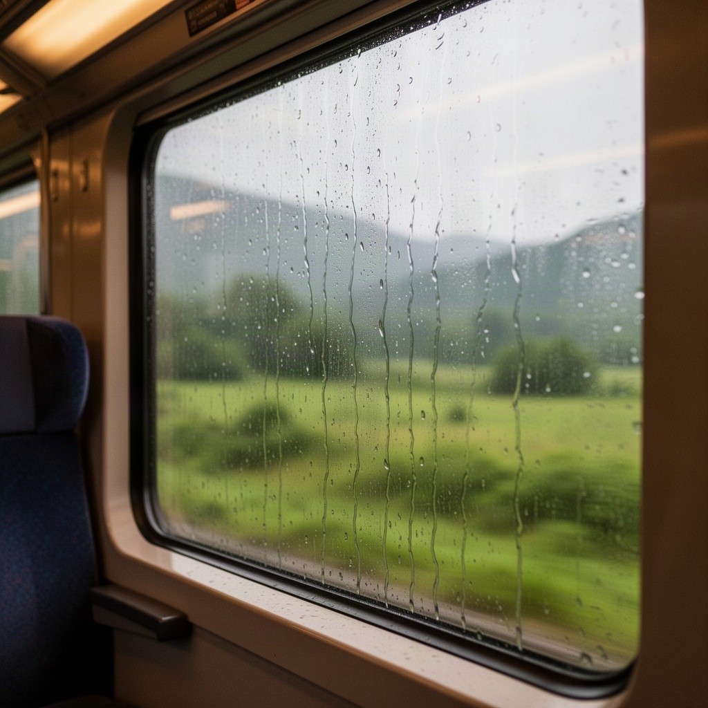 A close-up view from the interior of a train, looking out through a rain-soaked window