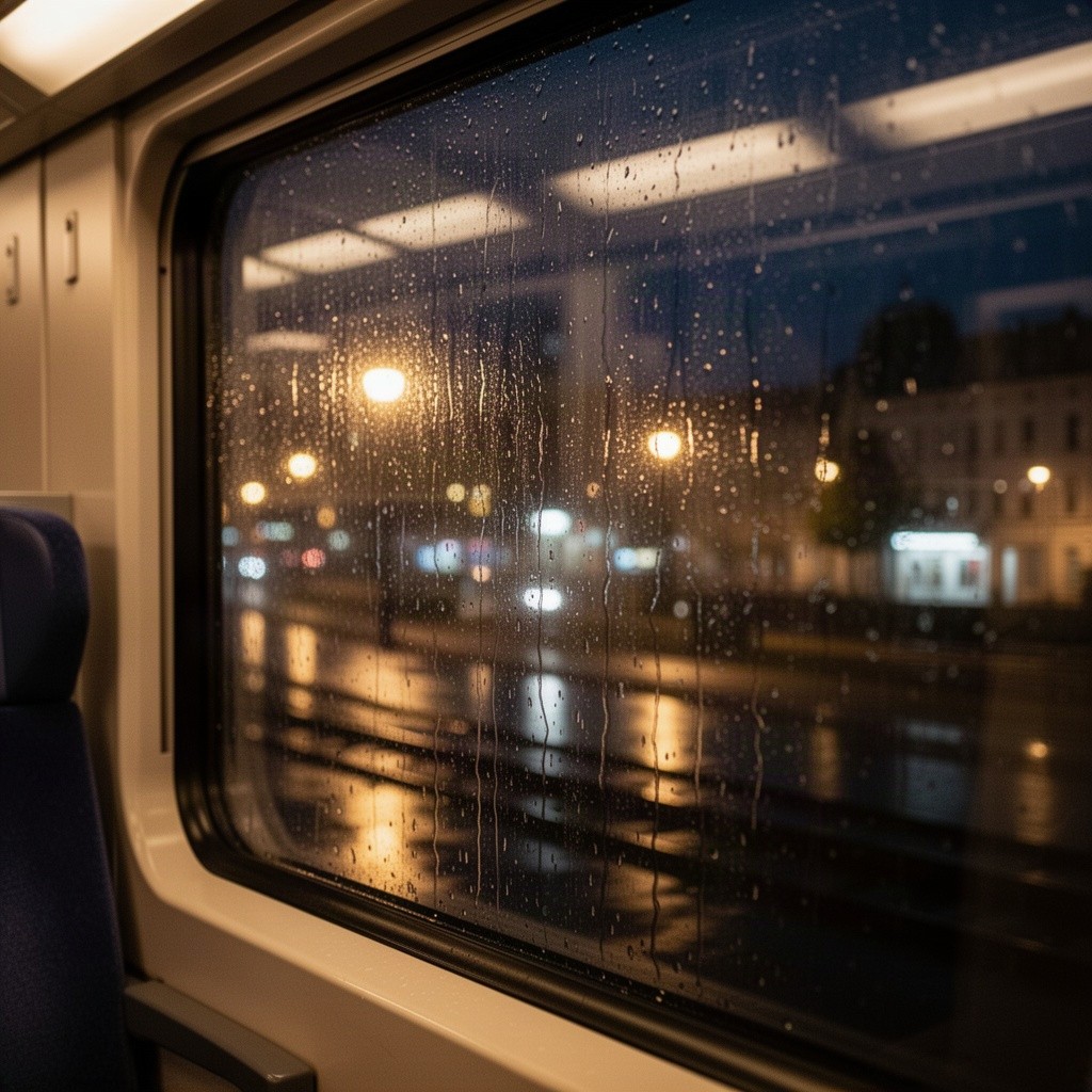 A captivating view looking out from a train window during a rainy nighttime journey