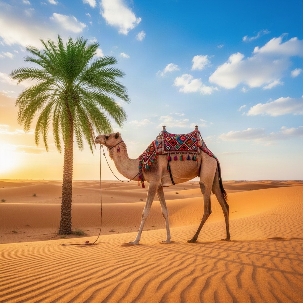 A picturesque desert scene featuring a majestic camel walking gracefully across golden sand dunes, with a vibrant green palm tree swaying gently in the breeze nearby