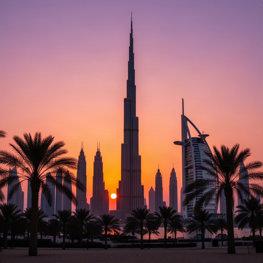 A dramatic silhouette of the Dubai skyline at sunset, showcasing iconic structures like the Burj Khalifa and the Burj Al Arab