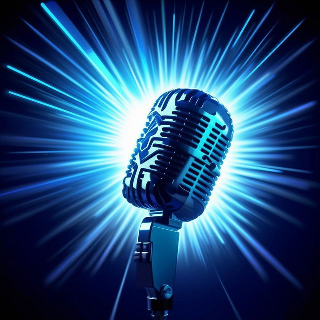 A 2D illustrated microphone, stylistically bold and dynamic, backlit with an array of luminous glowing blue rays piercing through the background.