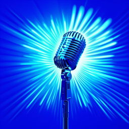 A 2D illustrated microphone, stylistically bold and dynamic, backlit with an array of luminous glowing blue rays piercing through the background.