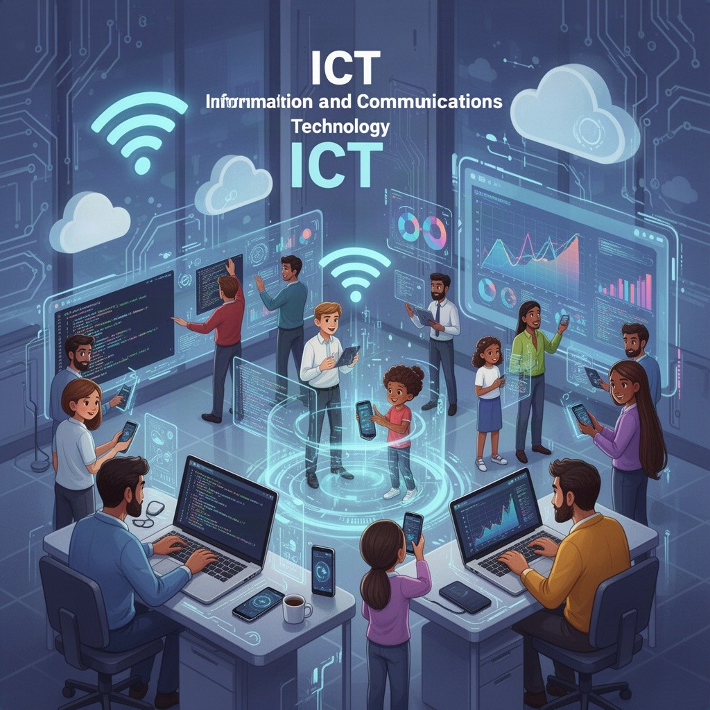 A vibrant illustration showcasing the concept of Information and Communications Technology (ICT) to highlight its significance in modern society