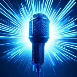 A 2D illustrated microphone, stylistically bold and dynamic, backlit with an array of luminous glowing blue rays piercing through the background.