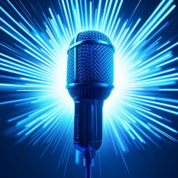 A 2D illustrated microphone, stylistically bold and dynamic, backlit with an array of luminous glowing blue rays piercing through the background.