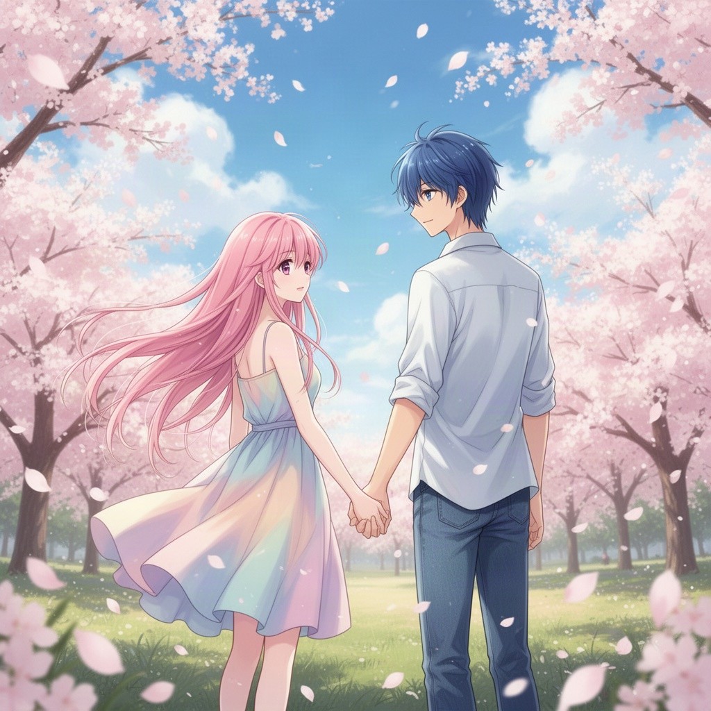 A romantic anime scene featuring a young couple holding hands in a vibrant park during cherry blossom season