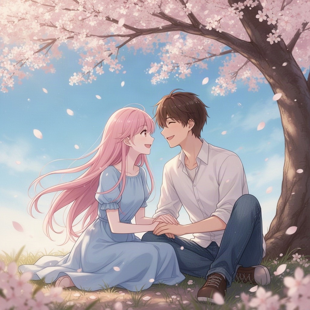 A romantic scene featuring a couple in an anime style, sitting together under a cherry blossom tree