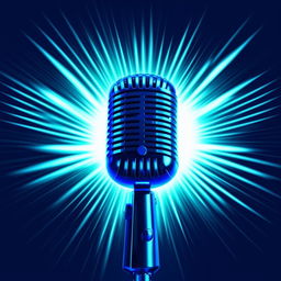 A 2D illustrated microphone, stylistically bold and dynamic, backlit with an array of luminous glowing blue rays piercing through the background.