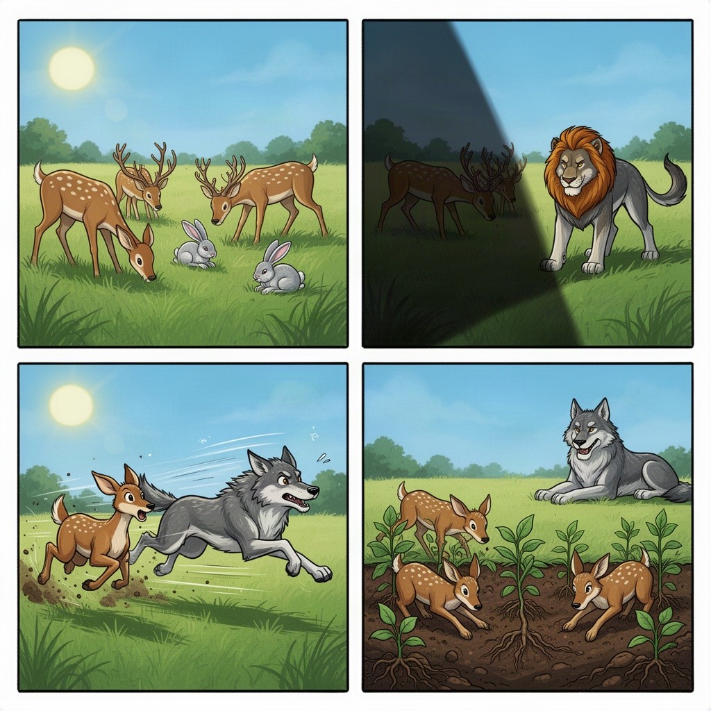 A four-panel comic illustrating the food chain of carnivores and herbivores in an ecosystem