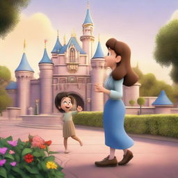 A heartwarming animated scene showing a woman anxiously checking her watch, waiting for her daughter in front of the enchanting Disneyland castle.