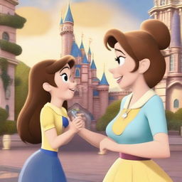 A heartwarming animated scene showing a woman anxiously checking her watch, waiting for her daughter in front of the enchanting Disneyland castle.