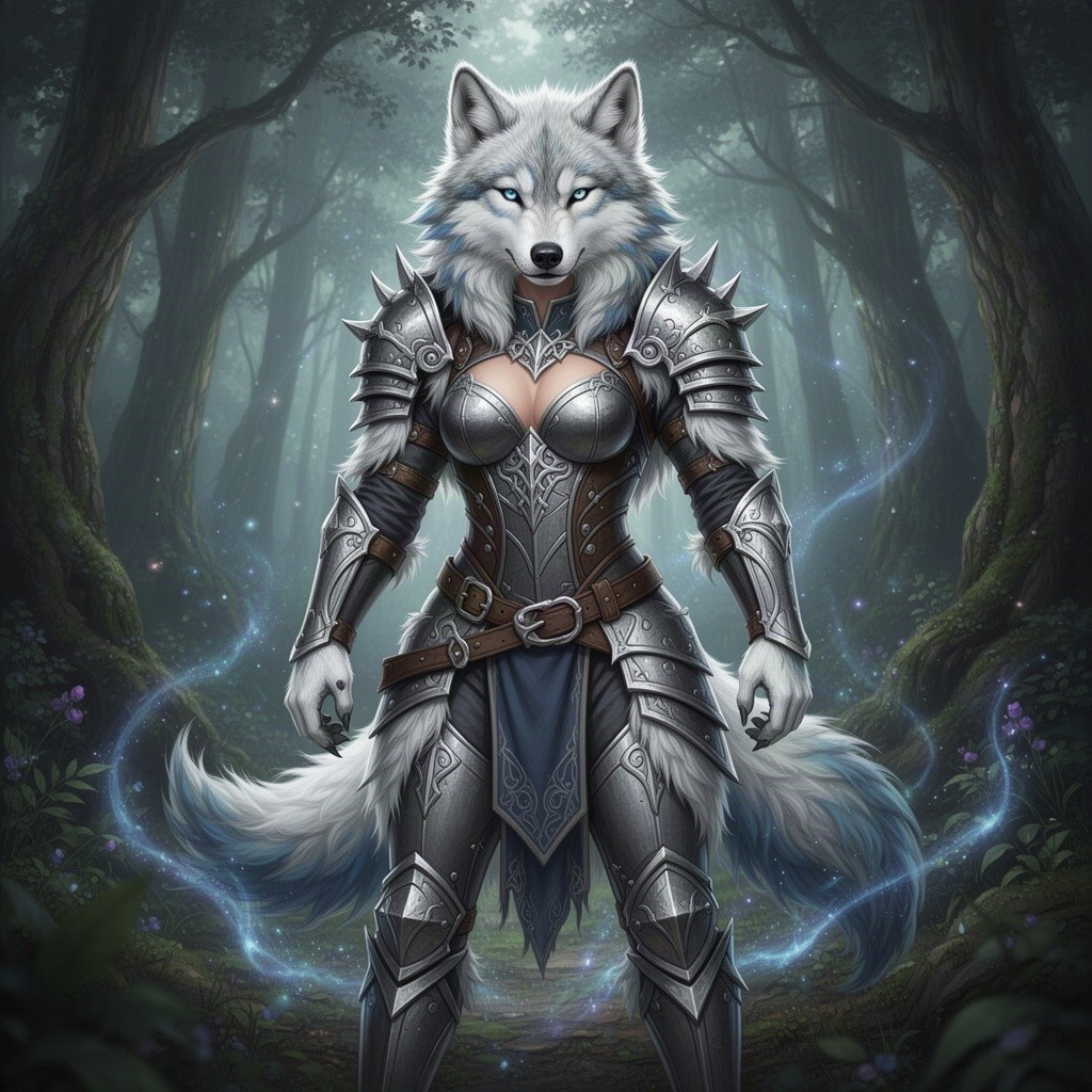 A semi-human beastly woman with wolf-like features and abundant fur, showcasing a stunning blend of white fur with grey and blue tones
