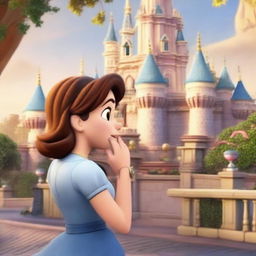 A heartwarming animated scene showing a woman anxiously checking her watch, waiting for her daughter in front of the enchanting Disneyland castle.